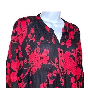 Spense Red Black Oversized Boho Dark Floral Flowy Top Blouse Medium Cottagecore